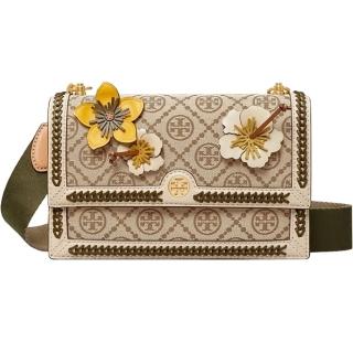 【TORY BURCH】專櫃款立體皮革花朵X焦糖滿版LOGO織紋布雙款背帶斜揹包
