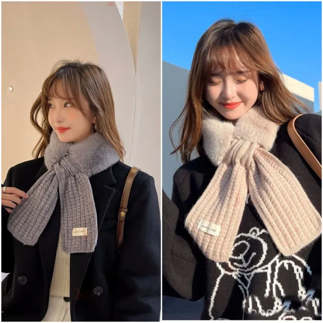 【HaNA 梨花】韓國冬日暖和時尚．毛織毛毛領交叉純色小圍巾圍脖