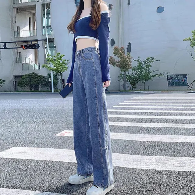 【D.studio】韓版復古直筒高腰牛仔寬褲(拖地褲 落地褲 寬褲 褲子 長褲 休閒褲 女裝 牛仔褲 P97)