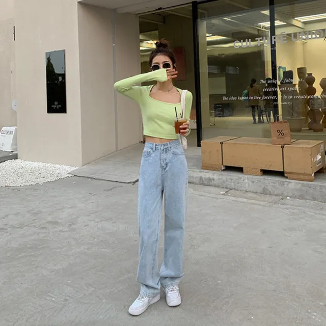 【D.studio】韓版復古直筒高腰牛仔寬褲(拖地褲 落地褲 寬褲 褲子 長褲 休閒褲 女裝 牛仔褲 P97)
