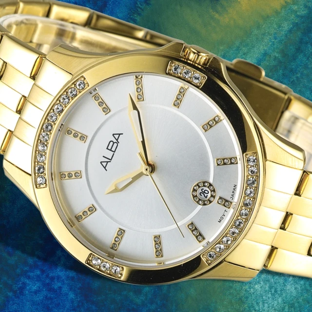 ALBA 雅柏手錶 晴空浪漫SWAROVSKI晶鑽銀白面鍊帶IP金女錶/AG8400X1(保固二年)