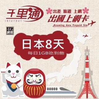 【千里通】日本上網絡卡8日 8GB上網吃到飽(日本網絡卡 8天8G 4G網速 支援分享 吃到飽上網SIM卡)