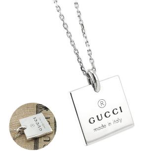 【GUCCI 古馳】GUCCI 925純銀-方形LOGO刻字吊牌項鍊(展示品)