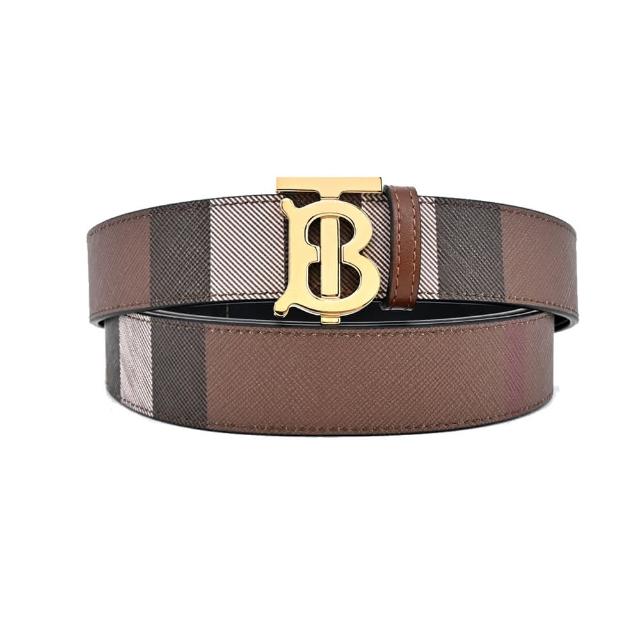 【BURBERRY 巴寶莉】TB LOGO格紋拼皮革雙面兩用皮帶(深樺木棕)