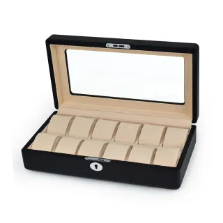 【P&W】名錶收藏盒 12支裝 玻璃鏡面 碳纖維紋 木質 手工精品錶盒(大錶適用 手錶收納盒 帶鎖)