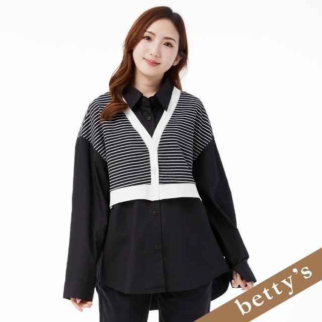 【betty’s 貝蒂思】假兩件針織條紋長袖襯衫(黑色)