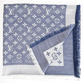 【Louis Vuitton 路易威登】M71376 Monogram Denim 經典花紋羊毛絲綢披肩圍巾(藍 現貨)