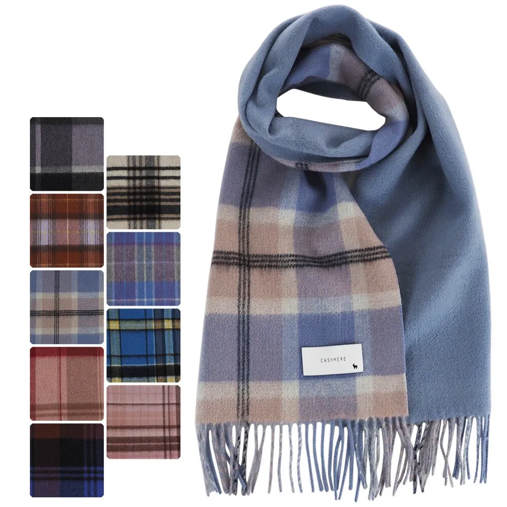 【日本SOLEIL】100%喀什米爾羊絨經典格紋撞色拚色兩面雙色 柔軟舒適保暖Cashmere羊毛圍巾(藍紫色)