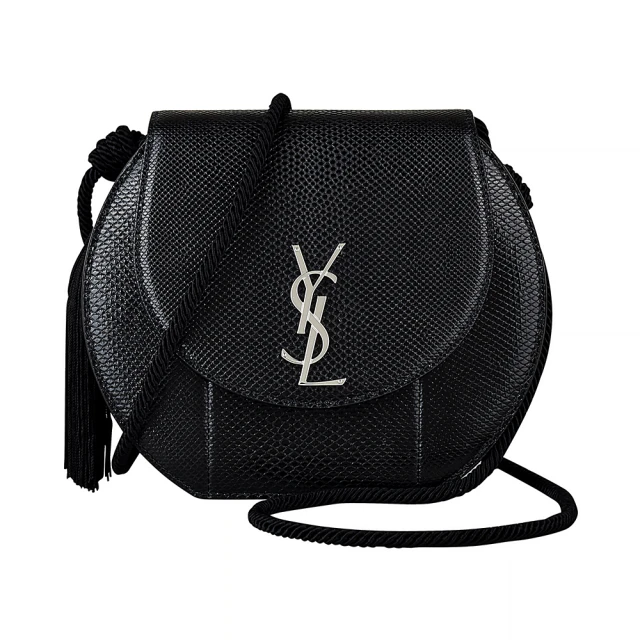YSLYSL YSL SAINT LAURENT銀字LOGO流蘇設計牛皮扣式斜背包(黑)
