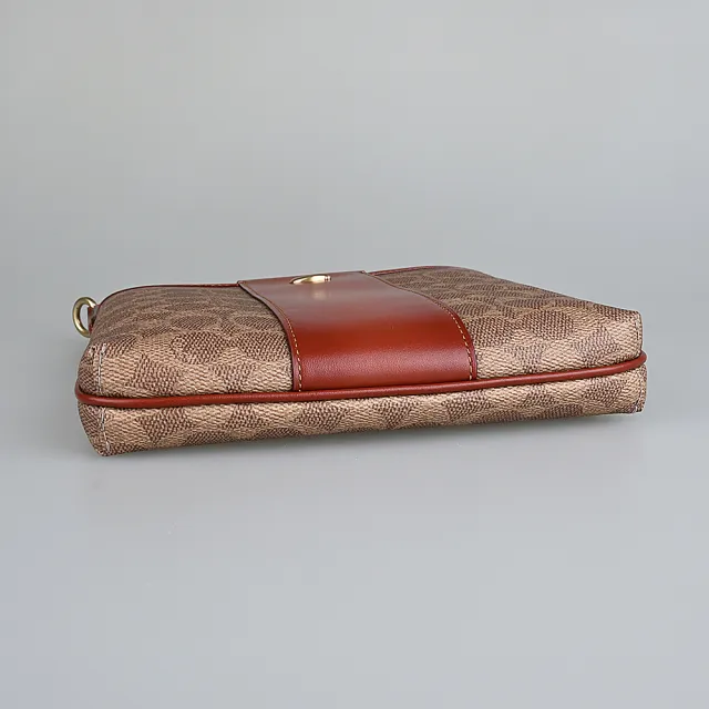 【COACH】Kitt經典C LOGO拼接皮革塗層帆布斜背包(卡其x紅棕)