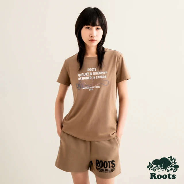 【Roots】Roots 女裝-摩登都市系列 漸層海狸線條短袖T恤(棕褐色)