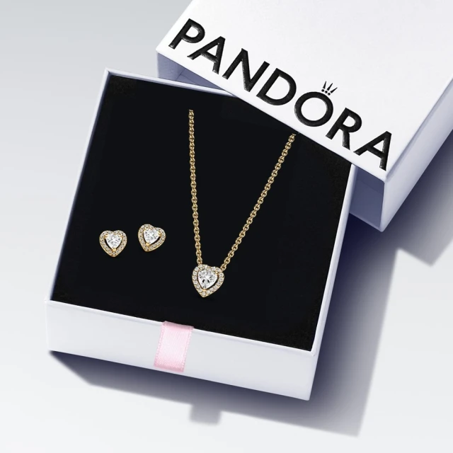 Pandora 官方直營 鍍14k金璀璨之心項鏈耳環套組 推