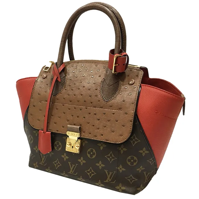 【Louis Vuitton 路易威登】N91662 經典限量秀款鴕鳥皮拼接Monogram花紋手提包(全新展示品-紅色)