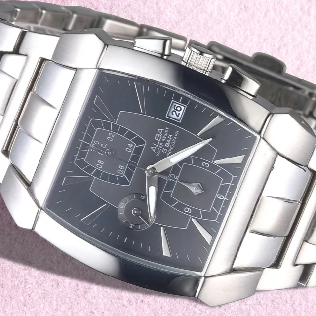 【ALBA】雅柏手錶 決戰未來三眼碼錶計時黑面鋼帶男錶/AF8D63X1(保固二年)