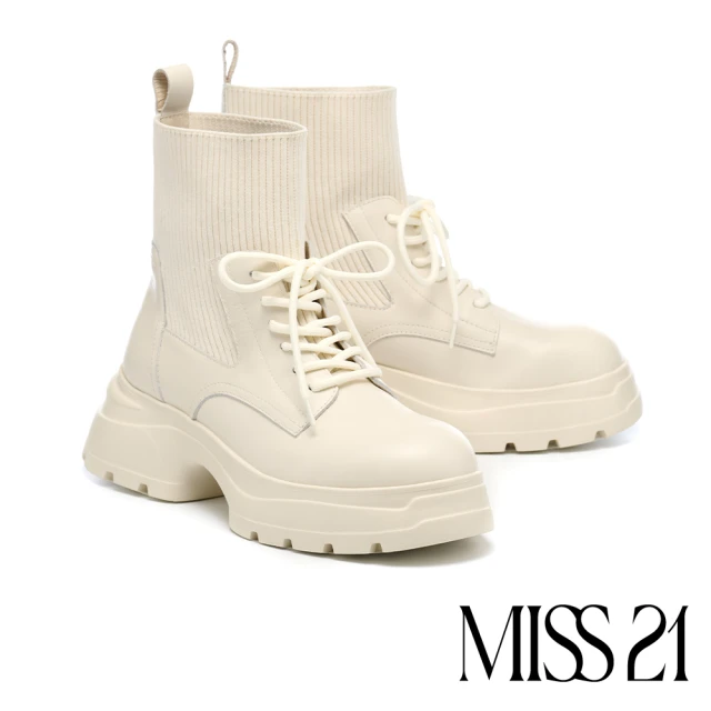 MISS 21MISS 21 日常率性純色綁帶牛皮拼接彈力飛織大頭厚底短靴(米白)