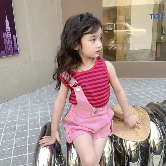 【安朵童舖】現貨韓版女童夏季背心吊帶套裝兒童背心上衣吊帶褲條紋背心上衣吊帶褲兩件式套裝童裝(049)