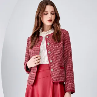 【ILEY 伊蕾】格紋花呢亮面滾邊小香風外套(紅色；M-XL；1234524001)