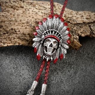 【MF select】印地安骷髏酋長 紅色真皮皮繩款 保羅領帶/Bolo Tie/美式領帶(臺灣研發設計)