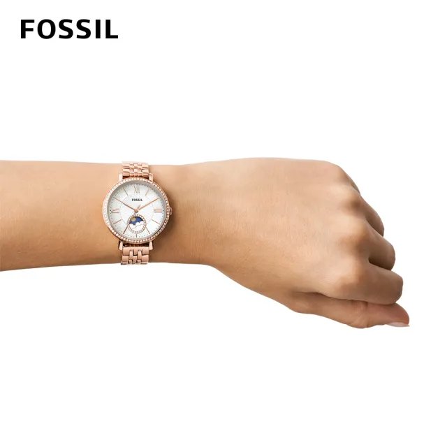 【FOSSIL 官方旗艦館】Jacqueline 鑽圈奢華日月女錶 玫瑰金鍊帶 指針手錶 36MM ES5165(母親節)