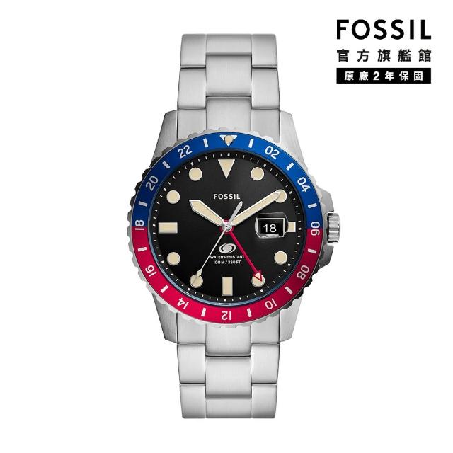 【FOSSIL 官方旗艦館】Fossil Blue 撞色搶眼潛水指針手錶 銀色不鏽鋼鍊帶 42MM LE1156