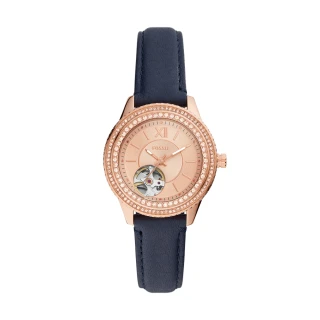 【FOSSIL 官方旗艦館】Stella 雙鑽圈縷空錶面機械女錶 藍色真皮錶帶 指針手錶 34MM ME3212(母親節)