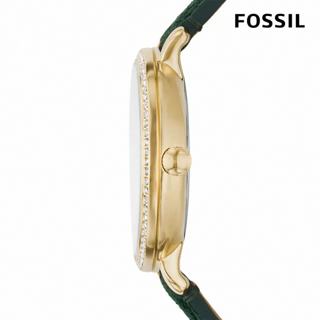 【FOSSIL 官方旗艦館】Jacqueline 優雅珠光晶鑽日月女錶 綠色真皮錶帶 指針手錶 36MM ES5244