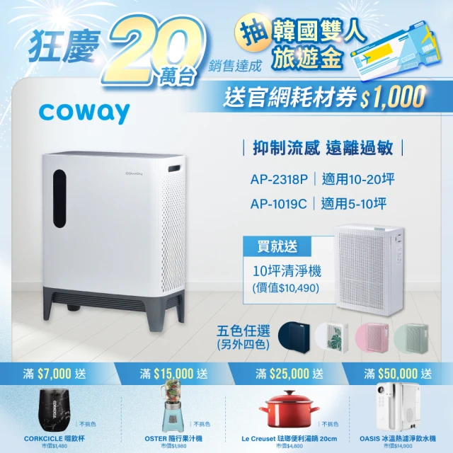 CowayCoway 10-20坪三方進氣空氣清淨機+5-10坪玩美雙禦空氣清淨機(AP-2318P+AP-1019C)