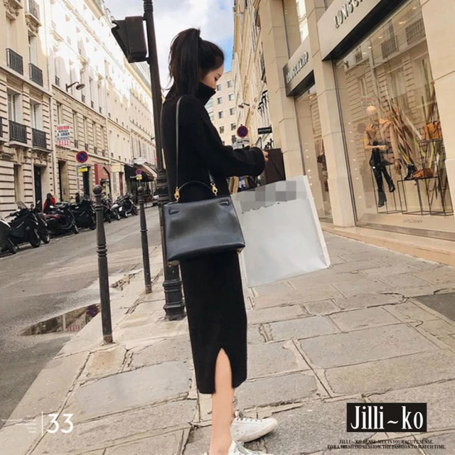 JILLI-KO 慵懶風高領女中長款開衩坑條針織連衣裙-F(黑)