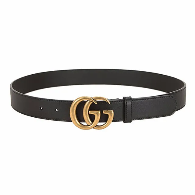 【GUCCI 古馳】414516 經典仿舊金色金屬雙G LOGO滑面小牛皮窄版釦式腰帶/皮帶(黑色中版)