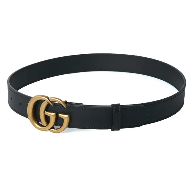 【GUCCI 古馳】414516 經典仿舊金色金屬雙G LOGO滑面小牛皮窄版釦式腰帶/皮帶(黑色中版)