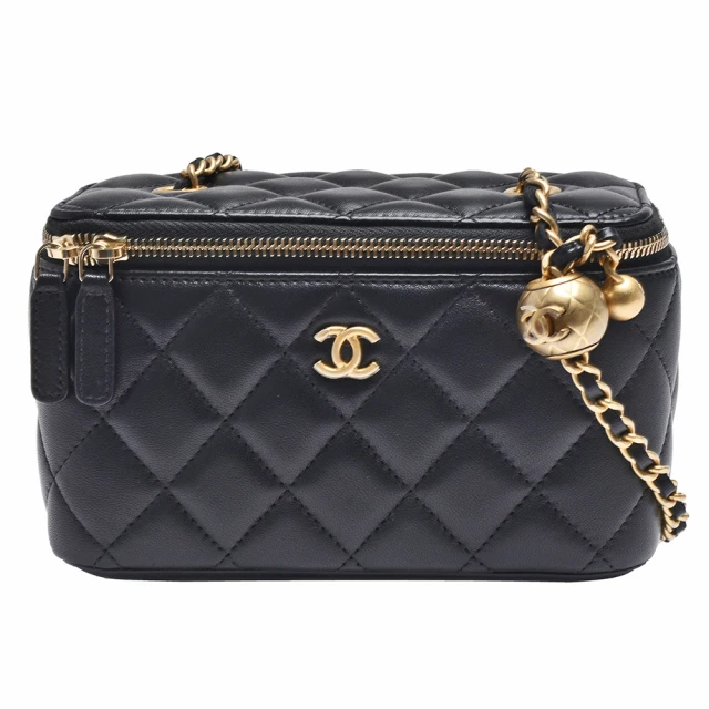 CHANEL 香奈兒 經典雙C LOGO小金球菱格小羊皮拉鍊斜背長型小包(黑AP2303L-BLK-GP)