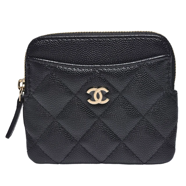 CHANEL 香奈兒 經典菱格粒紋牛皮金色雙C LOGO拉鍊卡夾/零錢包(黑AP2061C-BLK-GP)