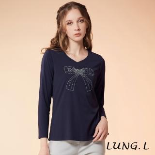 【LUNG.L 林佳樺】LN73A 藍色胸前蝴蝶結水鑽長袖上衣(女裝 秋冬 加大尺碼)