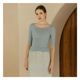 【Jessica Red】簡約百搭羊毛混紡方領短袖針織衫82415A（藍）