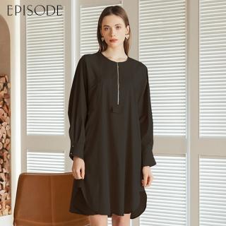 【EPISODE】休閒寬鬆拉鏈圓領棉質長袖洋裝E35705黑（偏寬鬆）