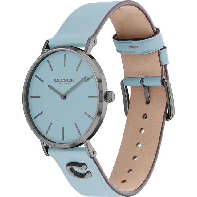 【COACH】Perry 品牌C字皮錶帶女錶-鐵灰x藍(CO14503923)