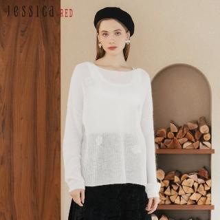 【Jessica Red】輕薄甜美立體花朵寬鬆鏤空毛衣R34501（白）