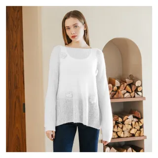 【Jessica Red】輕薄甜美立體花朵寬鬆鏤空毛衣R34501（白）