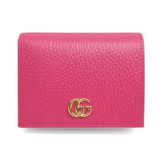 【GUCCI 古馳】456126 經典金屬雙G LOGO荔枝紋撞色牛皮暗釦萬用信用卡/短夾(桃紅色)
