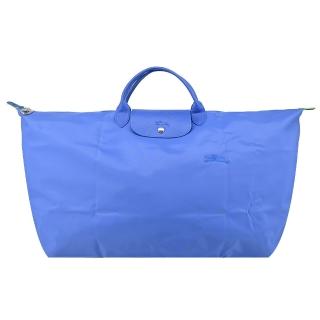 【LONGCHAMP】LE PLIAGE GREEN系列刺繡短把再生尼龍摺疊旅行袋(特大/失車菊藍)