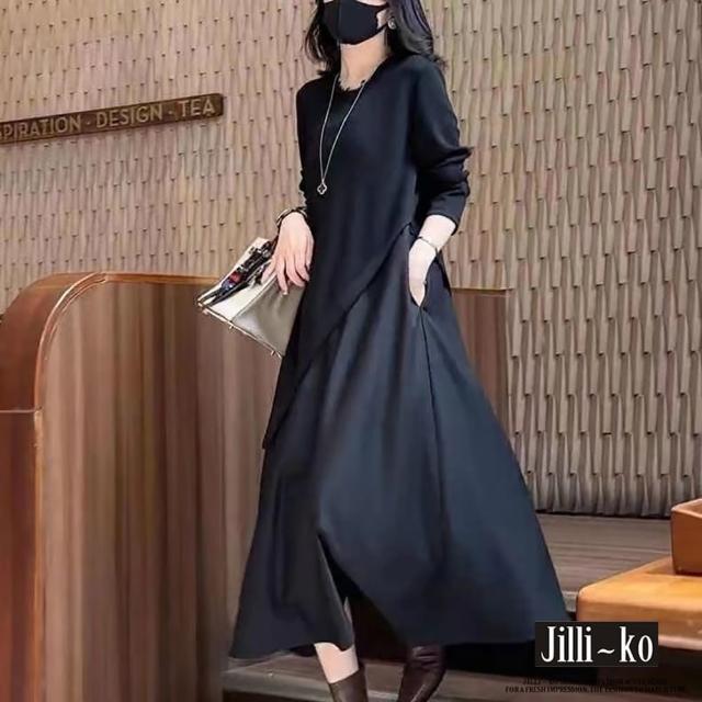 【JILLI-KO】假兩件拼接圓領中長款A字連衣裙-F(黑)