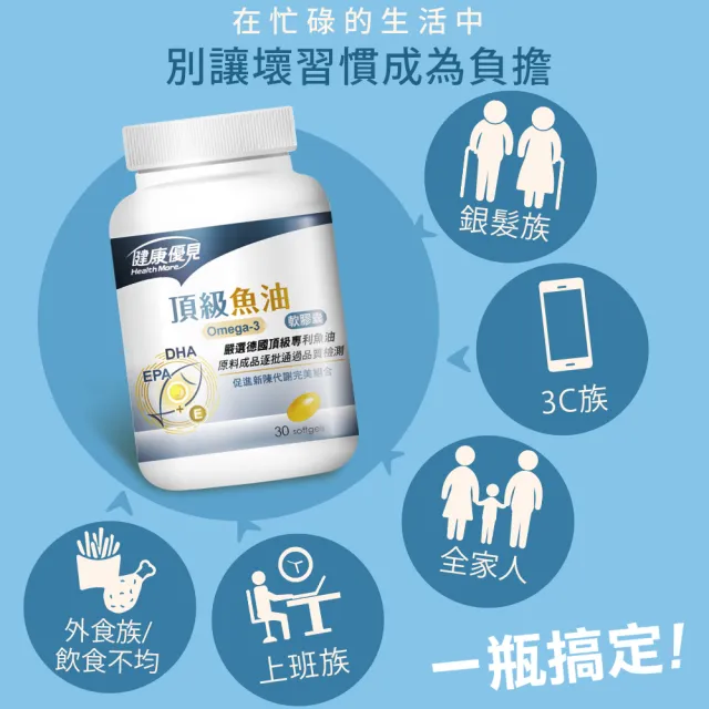 即期品【健康優見】頂級Omega-3魚油軟膠囊5瓶(30粒/瓶)-永信監製