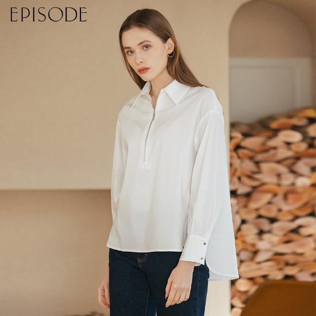 【EPISODE】休閒寬鬆拉鏈棉質長袖襯衫E35302（白）