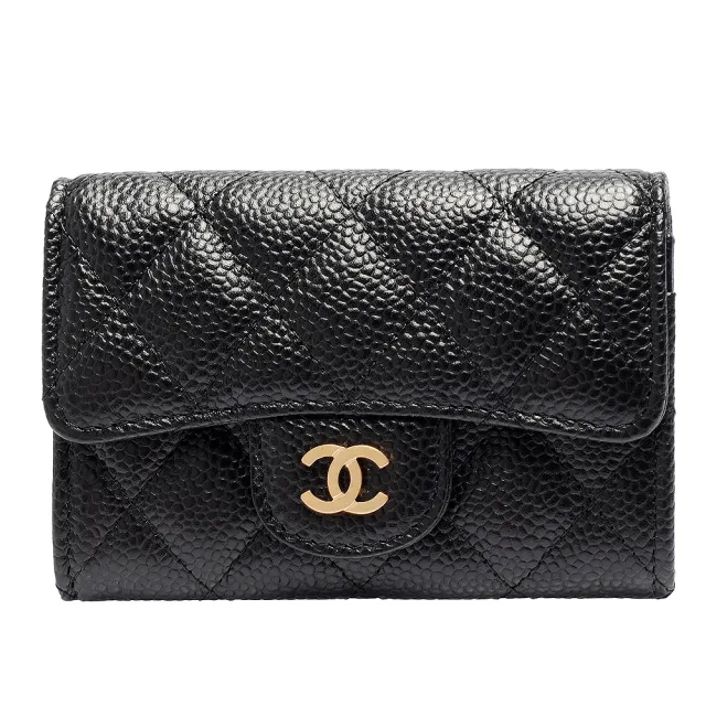 【CHANEL 香奈兒】經典金色雙C LOGO菱格粒紋暗釦卡夾/零錢包(黑AP0214C-BLK-GP)