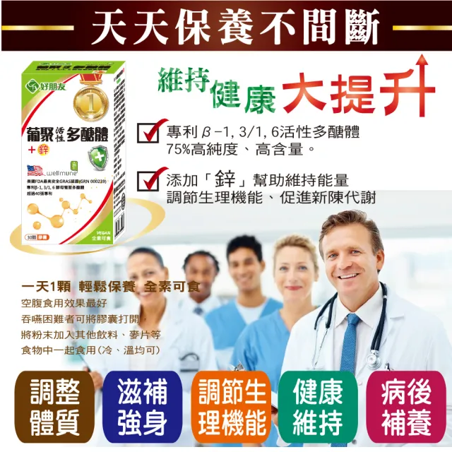 【好朋友】葡聚活性多醣體+鋅 素食膠囊30顆/盒(獲得超過40項專利)