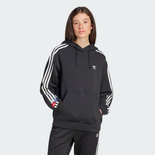 【adidas 愛迪達】上衣 女款 長袖上衣 帽T 運動 亞規 FLORAL HOODIE 黑 IU2515(S2356)