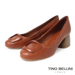 【TINO BELLINI 貝里尼】巴西進口梯形扣圓頭粗跟鞋FWDT020-9(焦糖)