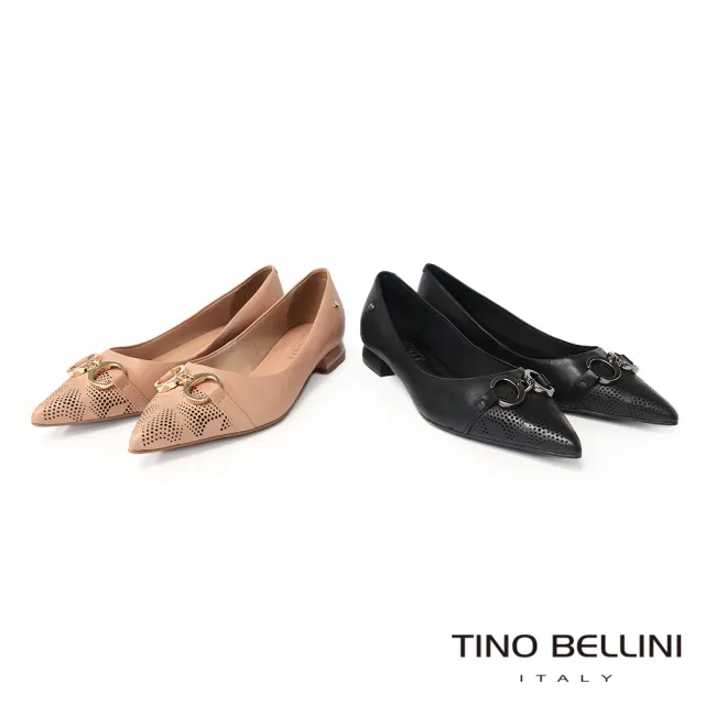 【TINO BELLINI 貝里尼】巴西進口雙環扣飾尖頭平底鞋FWCV039-3(裸膚)
