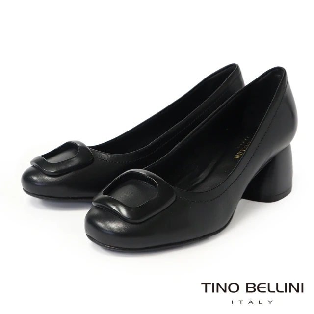 TINO BELLINI 貝里尼 巴西進口梯形扣圓頭粗跟鞋FWDT020-1(黑色)