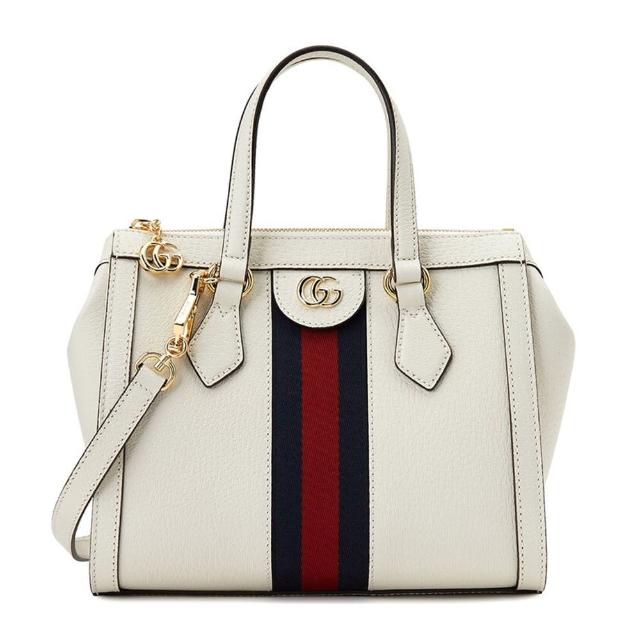 【GUCCI 古馳】547551/719882 經典Ophidia系列藍紅藍織帶皮革飾邊手提/斜背兩用包(白色)